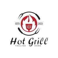 gemakkelijk barbecue wijnoogst heet grill, met gekruiste vlammen en spatel. logo voor restaurant, insigne, cafe en balk.vector vector