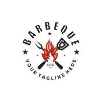 rook en bbq barbecue wijnoogst heet grill, met gekruiste vlammen en spatel. logo voor restaurant, insigne, cafe en balk.vector vector