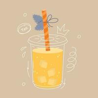 vector bubbel thee. banaan mango smaak bubbel thee. melk koeling drinken in een plastic glas met een rietje. parel melk thee. rommelen met tekening elementen. vector voorraad illustratie.