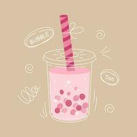 melk thee met tapioca parels. boba thee. Aziatisch Taiwanees drankje. hand- getrokken gekleurde trendy. rommelen met tekening elementen. vector voorraad illustratie.