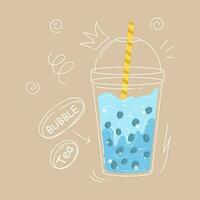 smakelijk bubbel thee. melk thee met tapioca parels. boba thee. Aziatisch Taiwanees drankje. hand- getrokken gekleurde modieus vector illustratie met tekst. tekenfilm stijl. vlak ontwerp. drank recept.