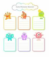 reeks van schattig monsters klem kunst, 4 afbeeldingen schattig monsters bannerclip kunst perfect voor uitnodigingen, blog, web ontwerp, grafisch ontwerp, gedrukt papier artikelen, scrapbooking vector