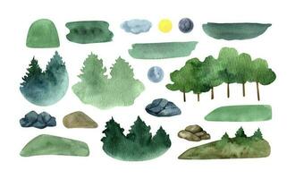 hand- getrokken waterverf zomer blauw en groen bergen, Woud en landschap vector
