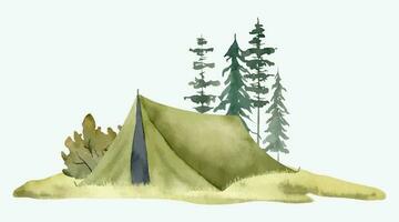 camping landschap met tent en Woud Spar bomen. hand- getrokken waterverf illustratie Aan wit geïsoleerd achtergrond met wandelen kamp voor toerisme spandoek. tekening voor avontuur expeditie in een bos- vector