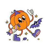 grappig kleurrijk retro tekenfilm halloween pompoen karakter Holding groot snoep. lineair hand- getrokken vector illustratie in 80s stijl. afdrukken concept in grappig elementen in modieus lineair wijnoogst stijl.
