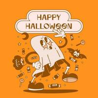 groovy wijnoogst gelukkig halloween kaart in jaren 70-80 stijl met retro tekenfilm sprenkelen karakter. tekening hand- getrokken monochroom vector illustratie.