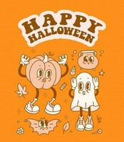 retro halloween modieus jaren 70 retro stijl grappig geest en pompoen tekens groet kaart sjabloon. wijnoogst halloween mascotte ontwerp in tekenfilm grappig stijl. contour vector illustratie.