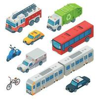 isometrische stad vervoer. ambulance, Politie auto en brand motor. metro trein, stad- taxi en openbaar bus. verkeer auto's 3d vector reeks