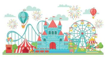 amusement park. rol achtbaan, festival carrousel en ferris wiel attracties geïsoleerd vector illustratie