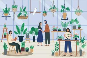 botanicus serre. aanplant kamerplant, toenemen planten en planter hobby. vrienden uitgeven tijd Bij oranjerie vector illustratie