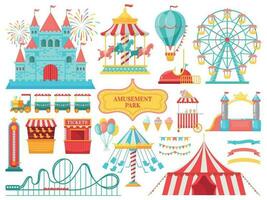 amusement park attracties. carnaval kinderen carrousel, ferris wiel attractie en grappig kermis amusement vector illustratie