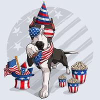 schattige zwarte pitbull hond met Amerikaanse onafhankelijkheidsdag elementen 4 juli en herdenkingsdag vector