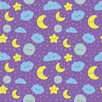 nacht lucht naadloos patroon. schattig maan met slaap gezicht, wolken en sterren kinderen kleding stof het drukken vector tekenfilm illustratie