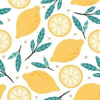 naadloos citroen patroon. hand- getrokken tekening citrus mengen, citroenen sissen en groen bladeren vector achtergrond illustratie