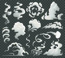 rook wolken. grappig stoom- wolk, damp werveling en damp stromen. stof wolken geïsoleerd tekenfilm vector illustratie