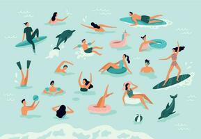 zee zwemmen. actief mensen duiken, zwemmen met dolfijnen en surfen. zomer oceaan zwemmen vector illustratie