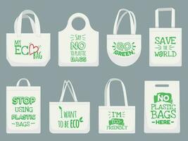 eco kleding stof tas. zeggen Nee naar plastic Tassen, polyethyleen weigeren verbod leuze en textiel boodschappen doen handtas vector illustratie