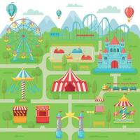 amusement park kaart. familie vermaak festival attracties carrousel, rol kustvaarder en ferris wiel vector illustratie