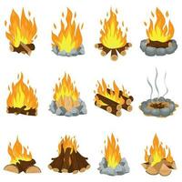 hout kampvuur. buitenshuis vreugdevuur, brand brandend houten logboeken en camping steen haard tekenfilm vector illustratie reeks