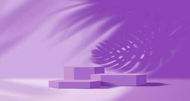 Purper podium met monster, palm blad schaduw vector