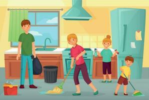 familie schoonmaak keuken. vader, moeder en kinderen schoon keuken samen huishouden Afstoffen en afvegen verdieping tekenfilm vector illustratie