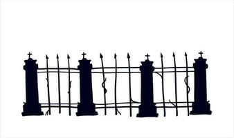 oud hek van begraafplaats. halloween decoratie. zwart silhouet van somber muur. vlak illustratie geïsoleerd Aan wit vector