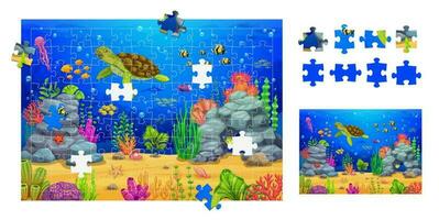 decoupeerzaag puzzel, tekenfilm onderwater- landschap stukken vector