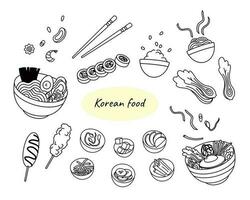 Koreaans voedsel reeks zwart en wit tekening illustratie Aan wit achtergrond. traditioneel maaltijd verzameling ramen, bibimbap, rijst, kimchi, straat voedsel en snacks. vector