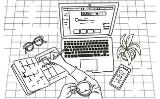 afgelegen werk, zwart en wit laptop, boek, cel telefoon, koffie, plant, hand- getrokken illustratie vector