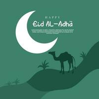 eid al-adha viering. groet kaart met offer lam en halve maan maan Aan bewolkt nacht achtergrond. vector illustratie.