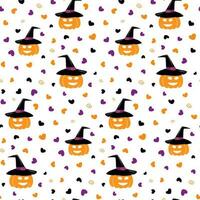 naadloos patroon van halloween glimlachen pompoen in een heks hoed en harten in de omgeving van in modieus tinten. eps vector