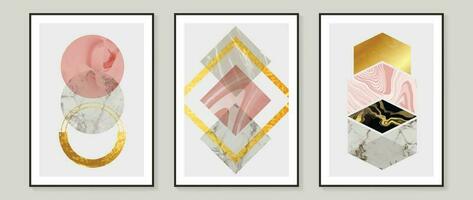 abstract meetkundig muur kunst achtergrond vector. reeks van modern muur decoratie met vormen, cirkel, veelhoek, lijnen, goud, marmeren textuur. modieus behang illustratie voor interieur, afdrukken, omslag. vector