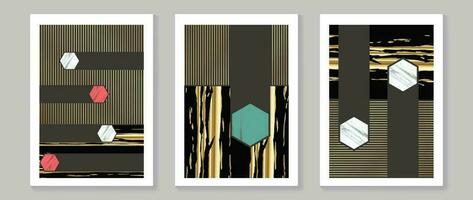 abstract meetkundig muur kunst achtergrond vector. reeks van modern muur decoratie met vormen, cirkel, driehoek, lijnen, goud, marmeren textuur. modieus behang illustratie voor interieur, afdrukken, omslag. vector