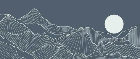 berg lijn kunst behang. contour tekening luxe toneel- landschap, heuvels, maan. panorama visie van berg ontwerp illustratie voor omslag, uitnodiging achtergrond, verpakking ontwerp, banier en afdrukken. vector