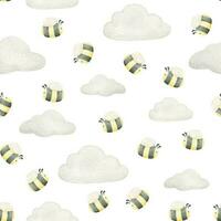 vliegend bijen en wolken. waterverf naadloos patroon voor kinderen. Aan een wit achtergrond. voor baby douche, textiel, kinderkamer decor, verpakking, omhulsel papier en scrapbooking vector