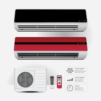 realistische airconditioner en afstandsbediening met de vectorillustratie van koude luchtsymbolen vector