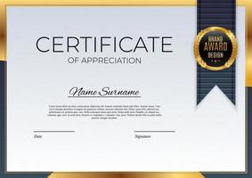 blauw en goud certificaat van prestatie sjabloon achtergrond met gouden badge en grens award diploma ontwerp leeg vector