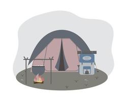 zomer wandelen concept vectorillustratie met een tent, een kampvuur en een rugzak in een vlakke stijl vector