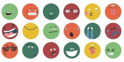 ronde abstracte komische gezichten met verschillende emoties verschillende kleurrijke karakters cartoon stijl plat ontwerp emoticons set emoji gezichten emoticon glimlach digitale smiley uitdrukking emotie gevoelens chat boodschapper cartoon emotes