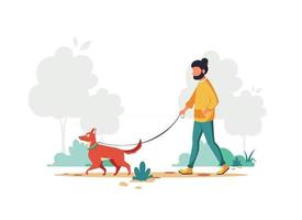 man wandelen met hond in het park buitenactiviteit vector