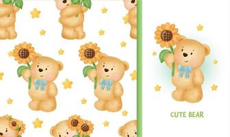 naadloze patroon verjaardag wenskaart met schattige teddybeer met een zonnebloem vector