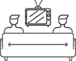 mensen aan het kijken televisie met sociaal afstand in lijn kunst. vector