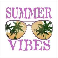 zonnebril met strand, palmen en zon in het. zomer gevoel woorden vector
