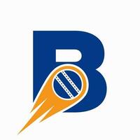 brief b krekel logo concept met in beweging bal icoon voor krekel club symbool. cricketspeler teken vector