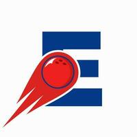 brief e bowling logo. bowling bal symbool met rood in beweging bal icoon vector