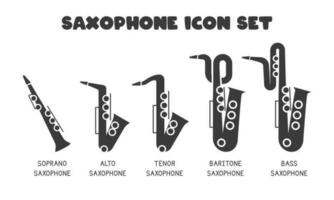 types van saxofoon vlak web icoon set. saxofoon logo ontwerp. sopraan, alt, tenor, bariton, bas saxofoon types teken silhouet solide zwart icoon vector ontwerp. musical instrumenten concept