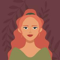 portret van een jong vrouw met lang rood haar- Aan botanisch schets achtergrond. avatar voor sociaal media. vrouw portret met een hoog kapsel vector