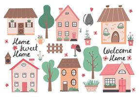 zoet huis kleurrijke illustratie met huisje en bloemen kleine huizen tuin bloemen en bomen perfect voor scrapbooking poster label sticker kit wenskaarten feestuitnodigingen hand getrokken vectorillustratie vector