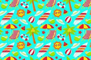 strand themed zomer naadloos patroon. strand stoel, kokosnoot boom, paraplu, bal, reddingsboei, hoed, zon en watermeloen. perfect voor ontwerp middelen en achtergronden vector