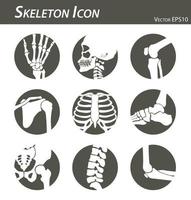 skelet pictogram hand vinger pols hoofd nek dij knie been schouder arm onderarm thorax enkel voet bekken heup ruggengraat wervels elleboog zwart-wit plat ontwerp vector